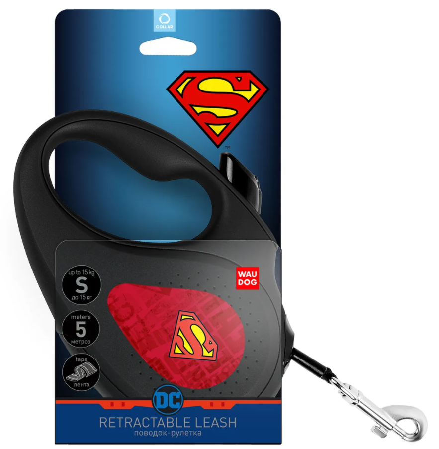 Фото Поводок-рулетка WAUDOG с рисунком &quot;Супермен Лого Красный&quot;, размер XS, до 12 кг, 3 м, черный