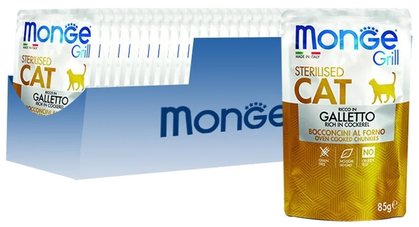 Фото Корм MONGE CAT GRILL MIX Стерилизованныекурица, телятина, форель, 85 гр
