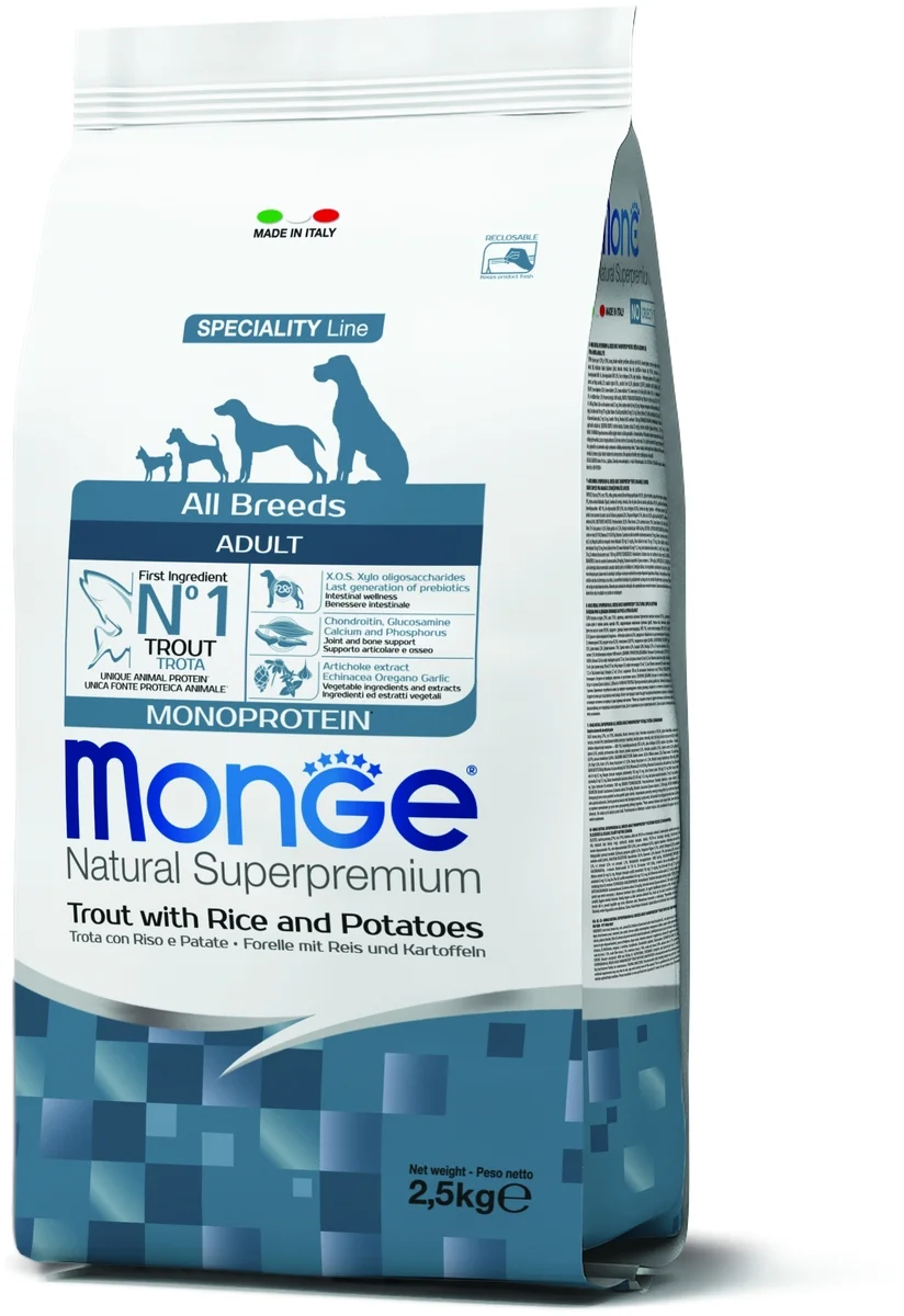Корм MONGE DOG ALL BR. ADULT TROUTRICEСУХОЙ КОРМ ДЛЯ ВЗРОСЛЫХ СОБАК ФОРЕЛЬРИС. 2,5 кг