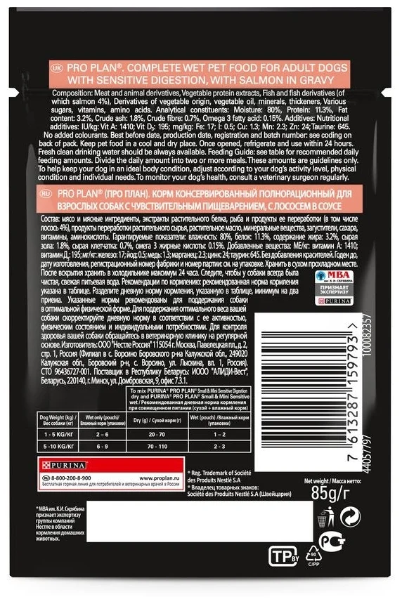 Фотография Корм для собак PURINA Pro Plan Adult с чувст.пищ. лосось 85 гр