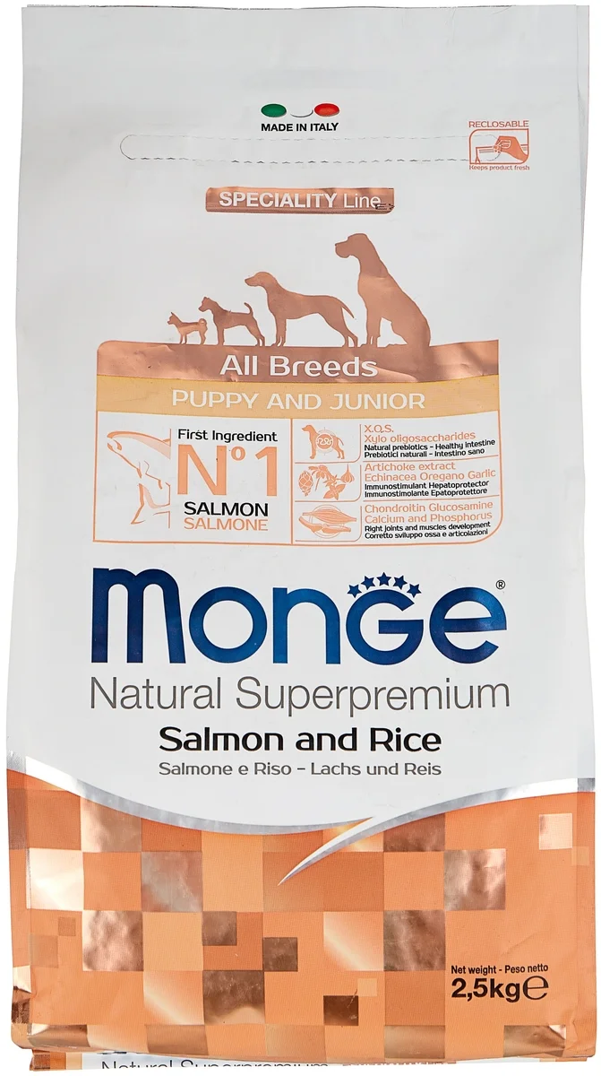 Корм MONGE DOG ALL BR. ADULT SALMONE&RICEСУХОЙ КОРМ ДЛЯ ВЗРОСЛЫХ СОБАК С ЛОСОСЕМ И РИСОМ 2,5 кг