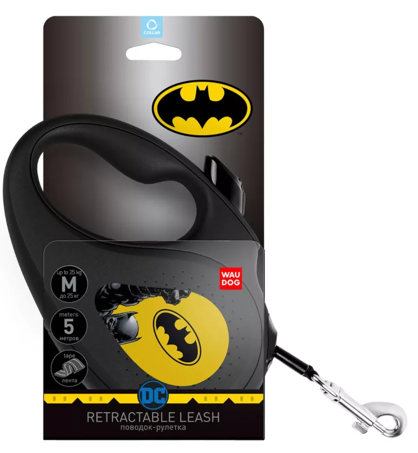 Фото Поводок-рулетка WAUDOG с рисунком &quot;Бэтмен Желтый&quot;, размер S, до 15 кг, 5 м , черный