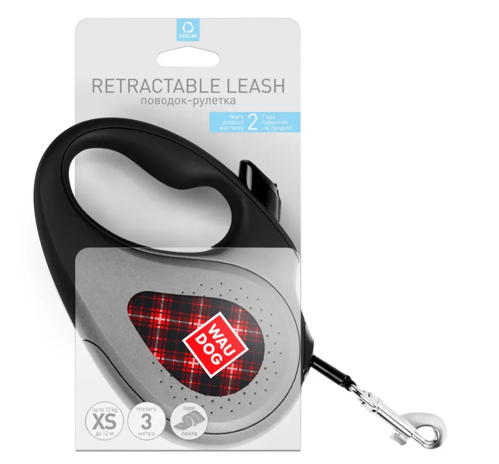 Фото Поводок-рулетка WAUDOG с рисунком &quot;Шотландка&quot;, размер XS, до 12 кг, 3 м черная