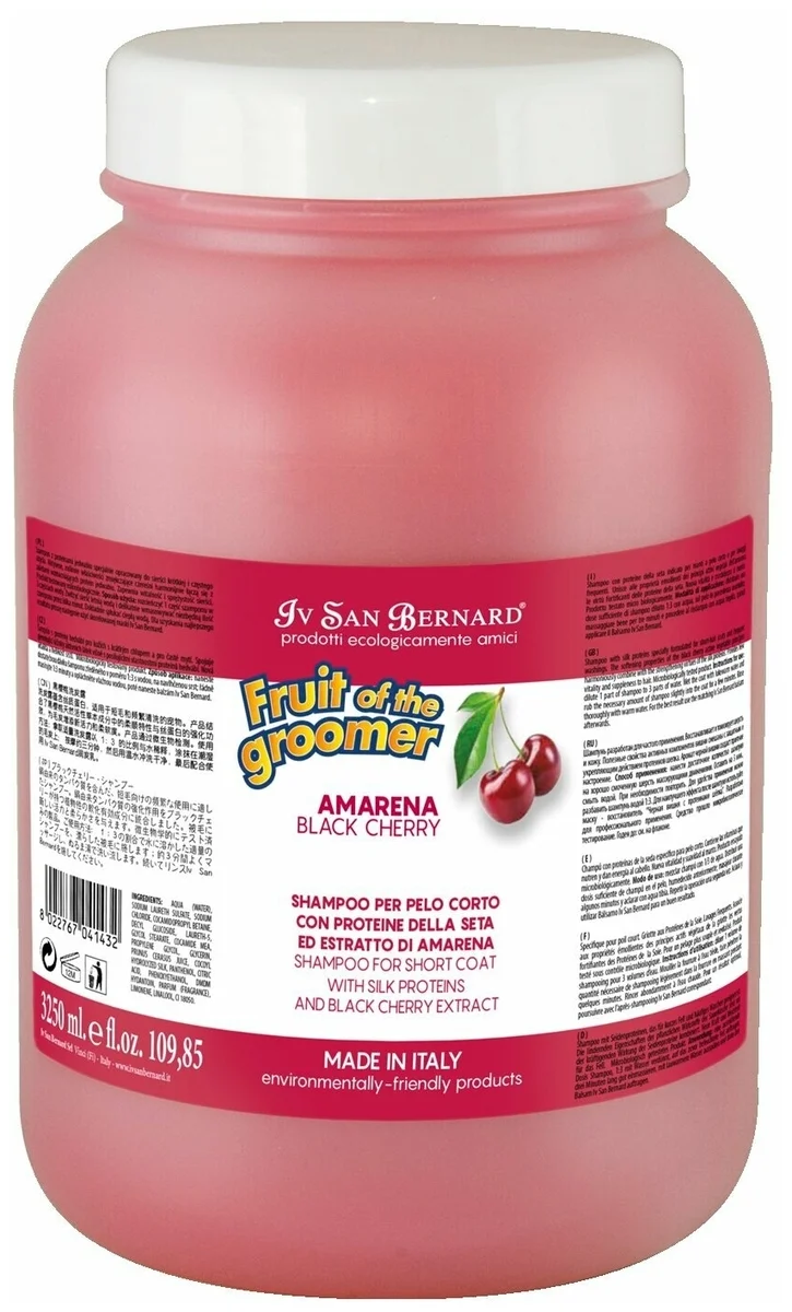 Фото IV SAN BERNARD FRUIT BLACK CHERRY Шампунь для короткой шерсти с протеинами шелка, 3250 мл