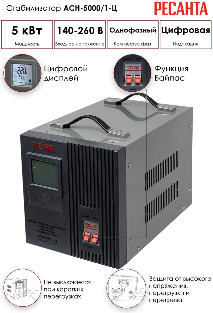 Купить Стабилизатор РЕСАНТА АСН-5000/1-Ц (63/6/6)
