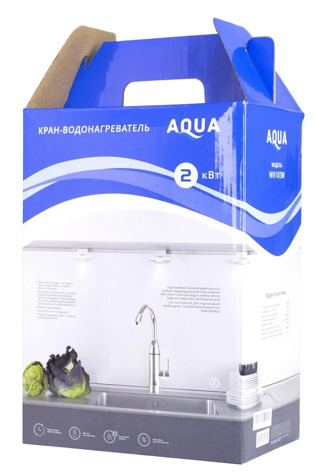 Фотография Смеситель с подогревом воды AQUA WH103W 220В Вертикальная установка. Температура нагрева до +60 С Да
