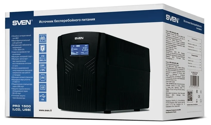 Картинка ИБП SVEN Pro 1500 (900Вт LCD USB RG-45 3 евро-розетки)
