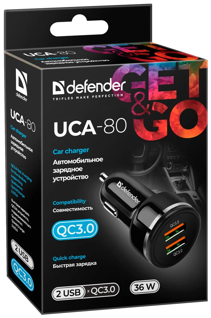 Фото Автомобильное зарядное устройство DEFENDER UCA-80 2xUSB QC3.0 Black