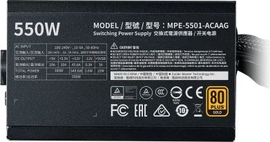 Фотография Блок питания CoolerMaster MWE GOLD 550 V2 500-750W Non Modular, Active PFC, вент.12 см 80+ GOLD MPE-5501-ACAAG-EU