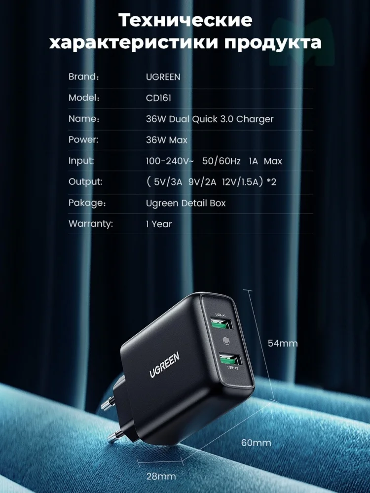 Зарядное устройство Ugreen CD161 10216 Dual USB-A QC 3.0 36W Charger Казахстан Зарядное устройство Ugreen CD161 10216 Dual USB-A QC 3.0 36W Charger Казахстан