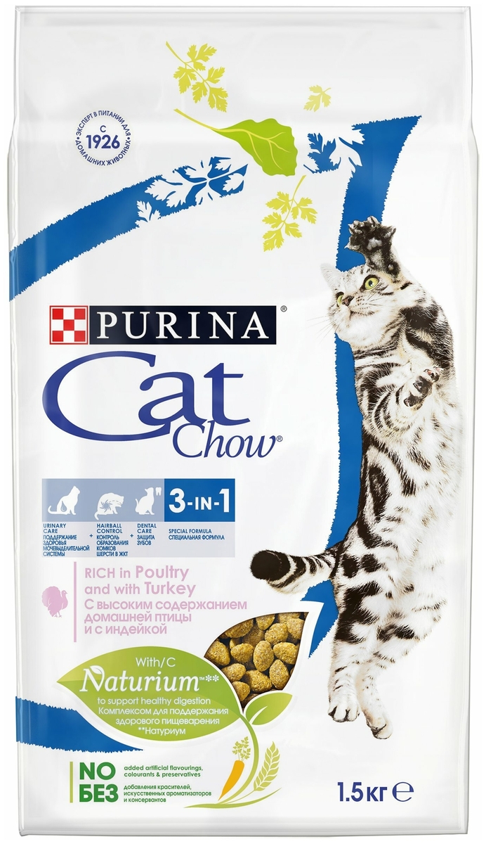 Фото Корм для кошек PURINA Cat Chow Feline 3-в-1 (зубы,шерсть,уринари) 1,5 кг