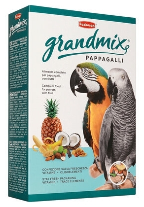 Фото Корм PADOVAN GRANDMIX Pappagalli комплексный, высококачественный основной корм с фруктами и бисквитной крошкой, с минеральными и витаминными добавками для крупных попугаев (амазон, жако, какаду, ара). 600 гр. 001869