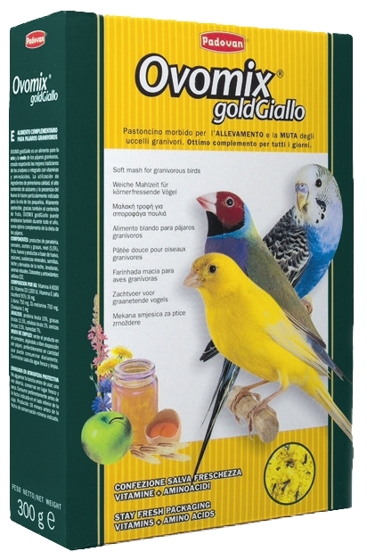 Фото Корм PADOVAN Ovomix Gold giallo для выкармливания птенцов канареек, волнистых попугайчиков и экзотических птиц, а так же при линьке взрослых птиц 300 гр. 001944