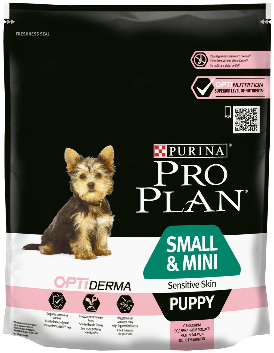 Фотография Корм для собак PURINA Pro Plan д/щенков мелк.пород с чувст.кож. лосось 700 гр