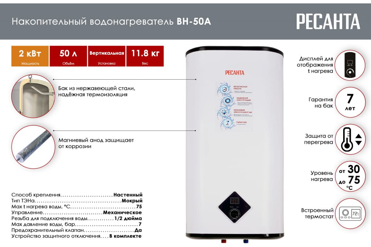 Фотография Водонагреватель РЕСАНТА ВН-50А (74/5/14)