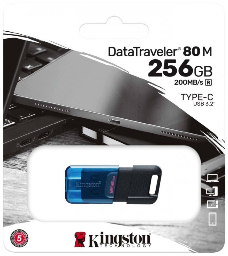 Картинка USB накопитель KINGSTON DT80M/256Gb USB-C 3.2 Blue-Black