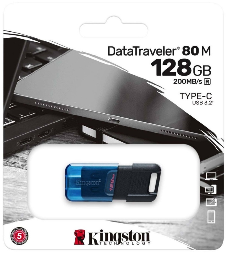 Картинка USB накопитель KINGSTON DT80M/128Gb USB-C 3.2 Blue-Black