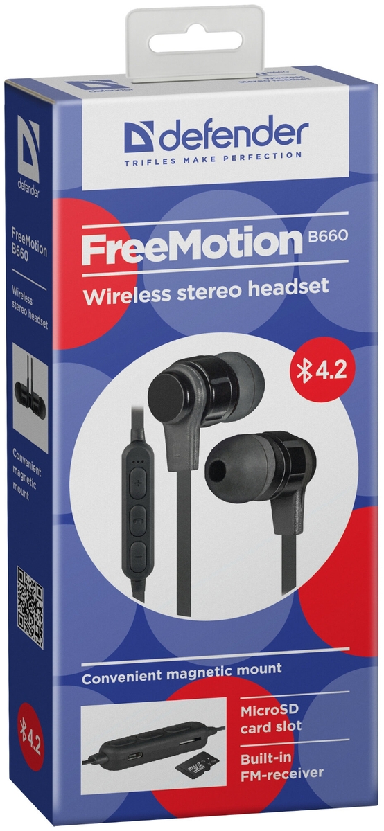 Картинка Гарнитура DEFENDER FreeMotion B660 Black SD-карта Bluetooth (63660)