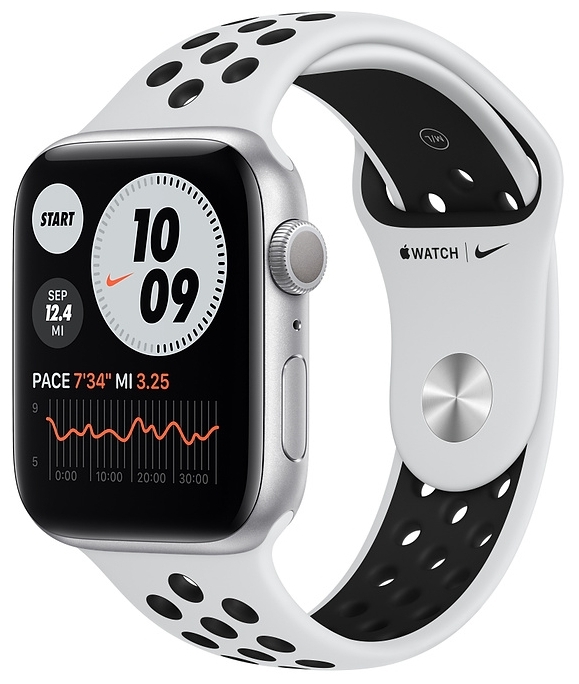 Смарт-часы APPLE Watch Nike Series 6 44mm Silver Aluminium, Pure Platinum Case/Black Nike Sport Band A2292 (MG293GK/A)