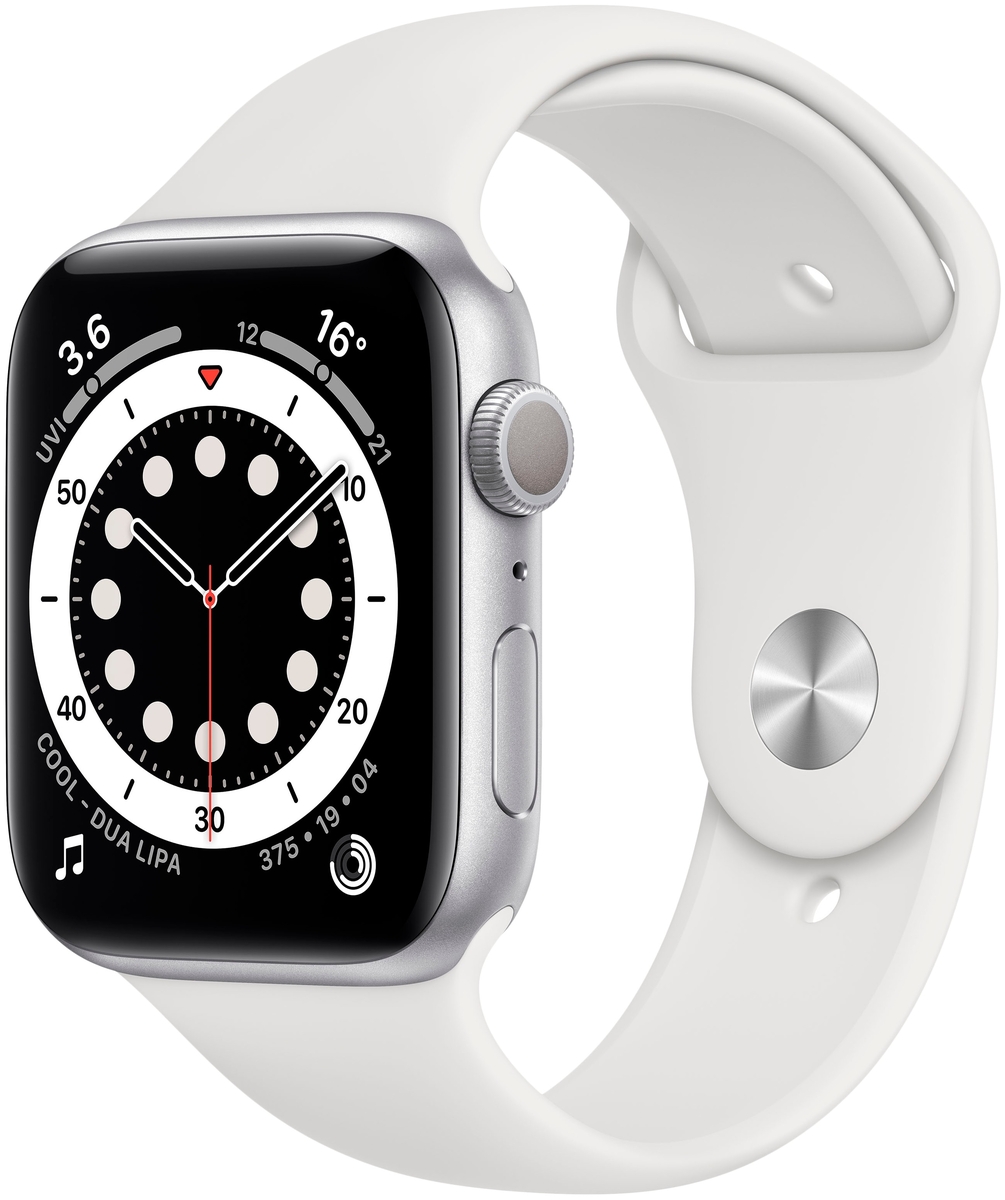 Смарт-часы APPLE Watch Series 6 GPS, 44mm Silver Aluminium Case with White Sport Band - Regular