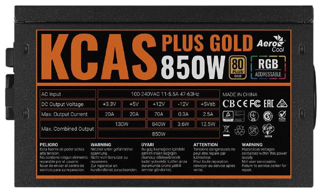 Фотография Блок питания AEROCOOL KCAS PLUS GOLD 850W RGB (ACPG-KP85FEC.11)