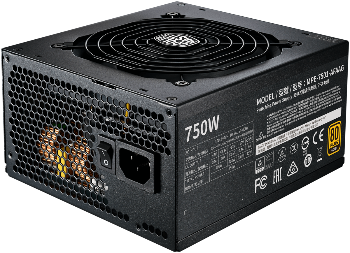 Фото Блок питания CoolerMaster MWE GOLD 750 V2 500-750W Full Modular, Active PFC, вент.12 см 80+ GOLD MPE-7501-AFAAG-EU