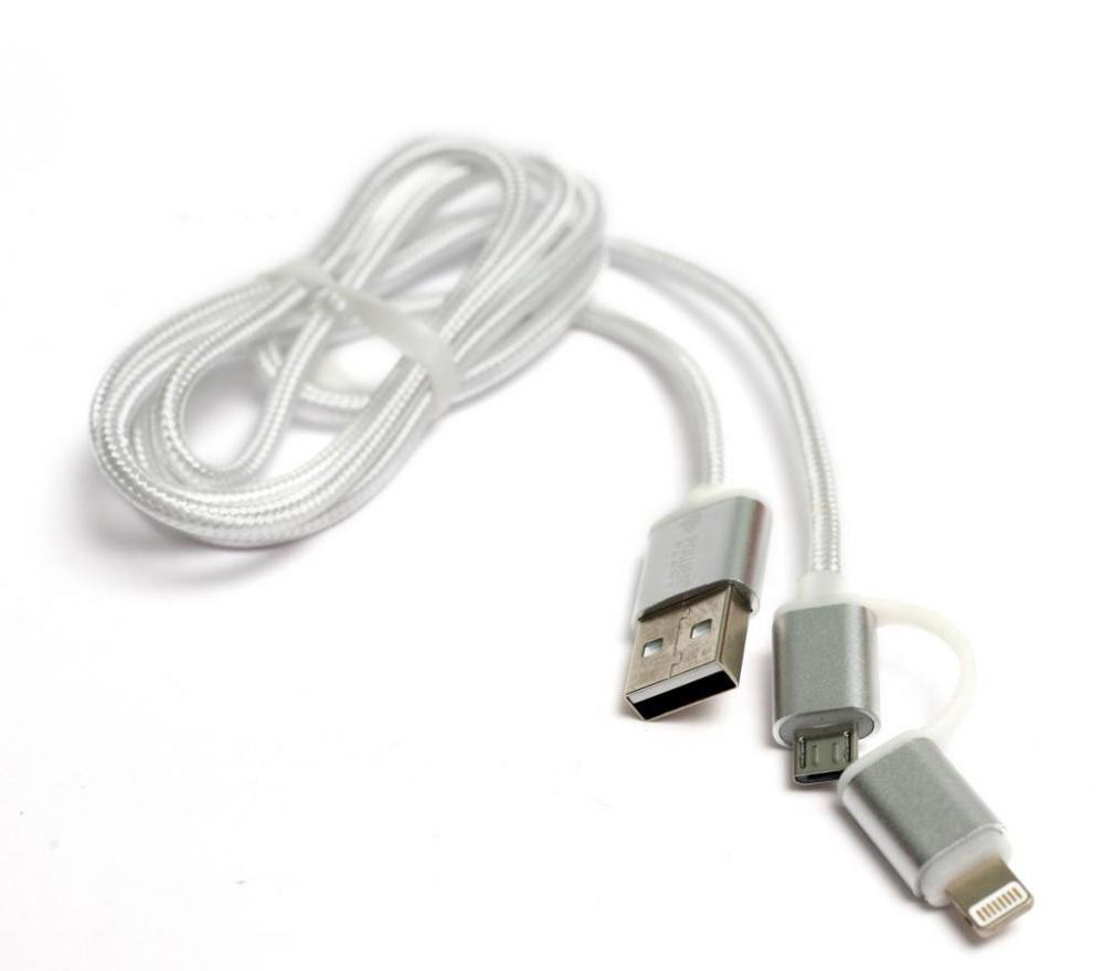 Фото Kабель PowerPlant Quick Charge 2A 2-в-1 cotton USB 2.0 AM – Lightning/Micro 1м silver KD00AS1290