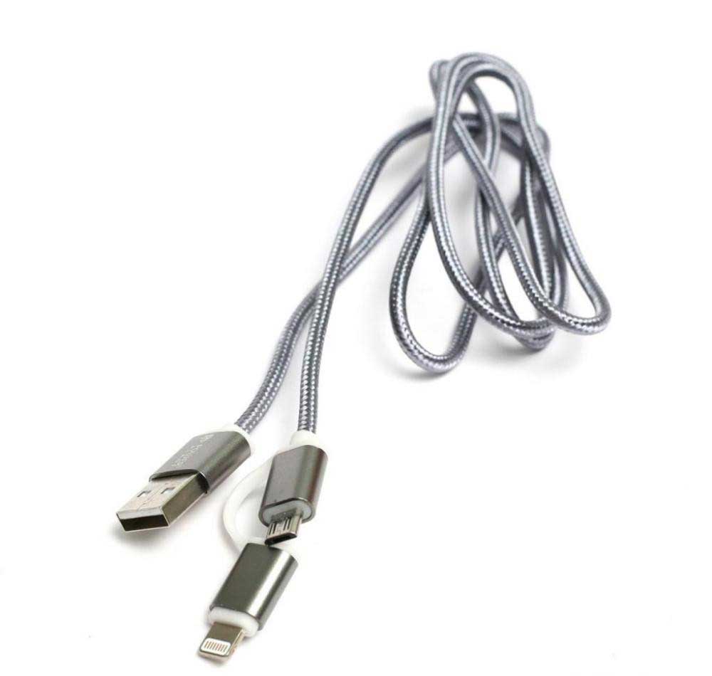 Фото Кабель PowerPlant Quick Charge 2A 2-в-1 cotton USB 2.0 AM – Lightning/Micro 1m grey KD00AS1289