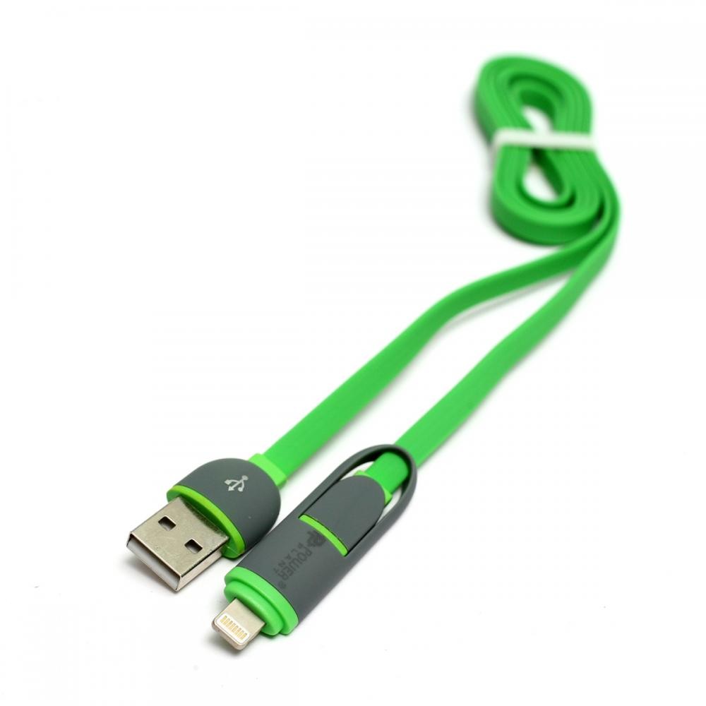 Фото Кабель PowerPlant Quick Charge 2A 2-в-1 flat USB 2.0 AM – Lightning/Micro 1m green KD00AS1291