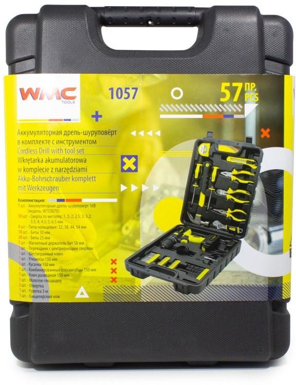 Картинка Набор инструментов с аккумуляторным шуруповертом WMC TOOLS 57пр(12V, 1.3Ah) (WMC-1057)