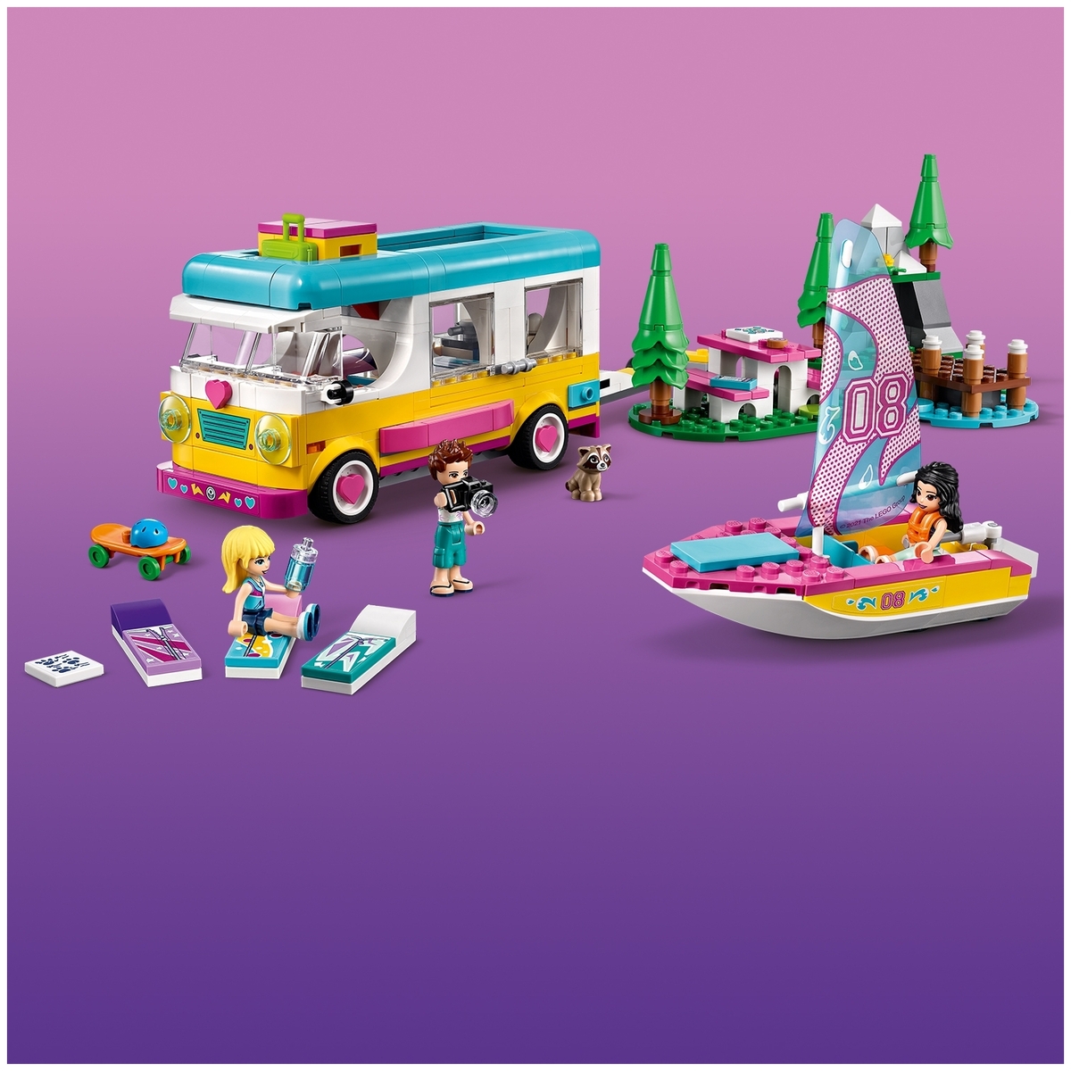 Картинка Конструктор LEGO 41681 Подружки Лесной дом на колесах и парусная лодка