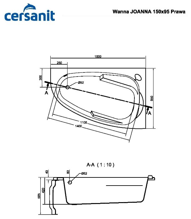 Цена Ванна CERSANIT JOANNA 150*95 левая с ножкой