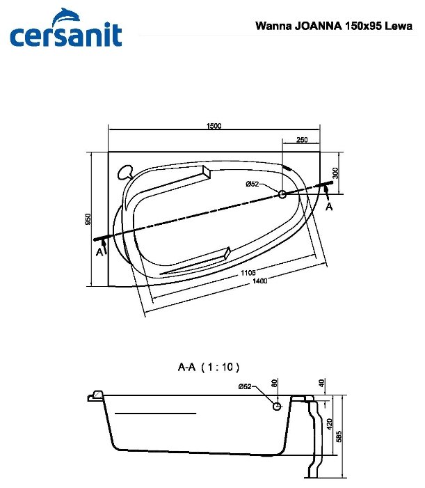 Фотография Ванна CERSANIT JOANNA 150*95 правая с ножкой