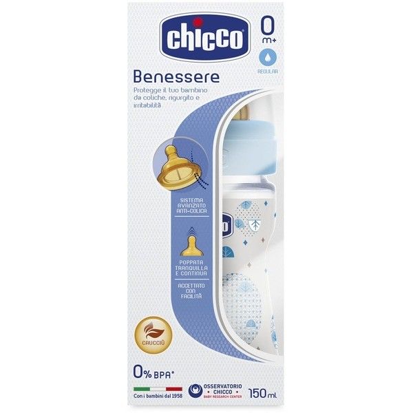 Цена Бутылочка CHICCO 00020610200050 Well Being Ironic латекс голубая 150мл 0+