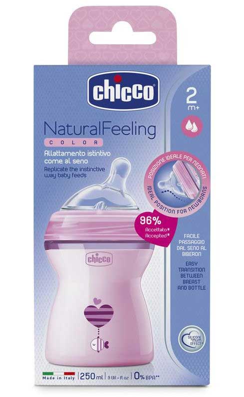 Картинка Бутылочка CHICCO 00080825110000 Natural Feeling розовая силикон 250мл 2м+