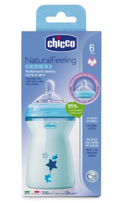 Фото Бутылочка CHICCO 00080837210000 Natural Feeling голубая силикон 330мл 6м+