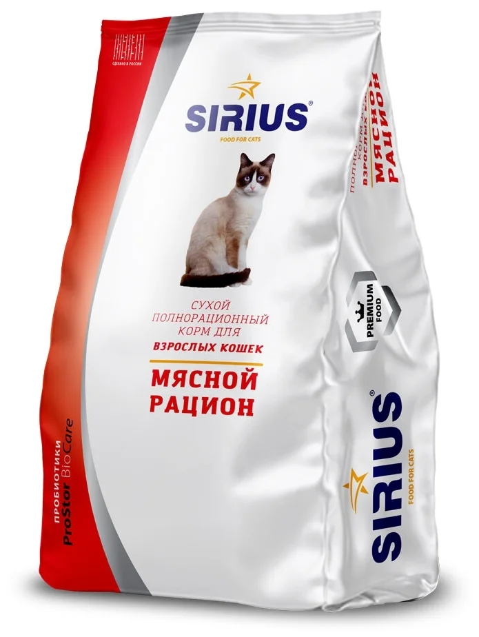 Фото Корм для взрослых кошек SIRIUS Мясной рацион (10 кг)