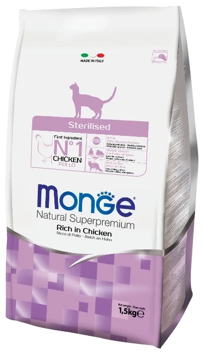 Цена Корм MONGE CAT STERILIZEDСУХОЙ КОРМ ДЛЯ СТЕРИЛИЗОВАННЫХ КОШЕК 1,5 кг