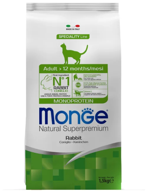 Корм MONGE CAT ADULT MONO. RABBIT СУХОЙ МОНОПРОТЕИНОВЫЙ КОРМ ДЛЯ ВЗРОСЛЫХ КОШЕК С КРОЛИКОМ 1,5кг