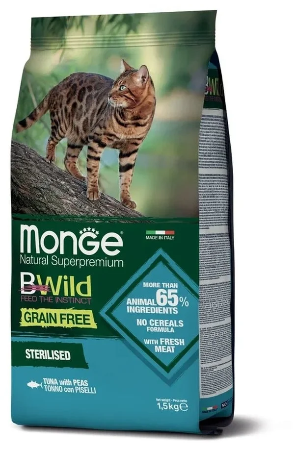 Корм MONGE BW Grain Free AdultБеззерновойСтерилизованныеТунец и горох 1,5 кг