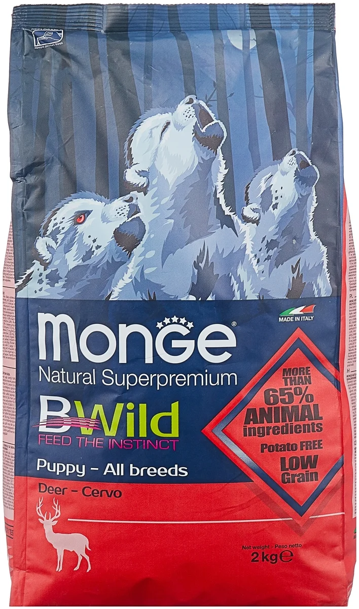 Корм MONGE BWILD LOW GR DEER ALL BR ADULT ВЗРОСЛЫЕ ВСЕХ ПОРОД С МЯСОМ ОЛЕНЯ НИЗКОЗЕРНОВОЙ 2,5 кг