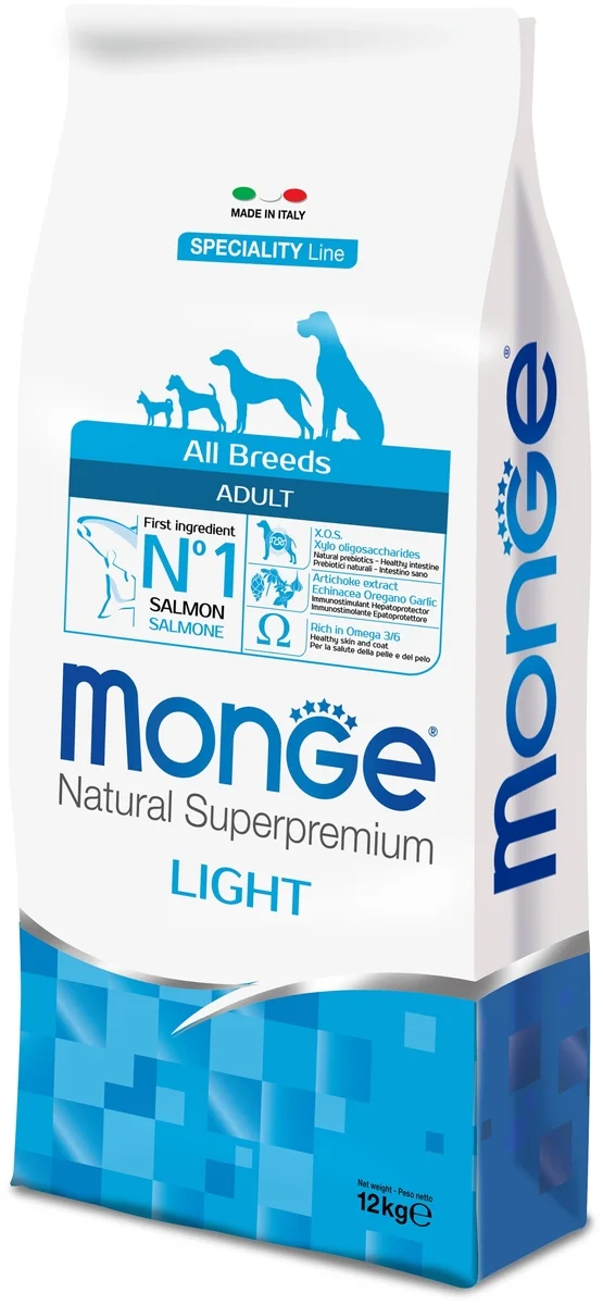 Корм MONGE DOG ALL BR. LIGHT SALMONRICEСУХОЙ КОРМ ДЛЯ ОБЛЕГЧЕННЫЙ ЛОСОСЬРИС 12 кг