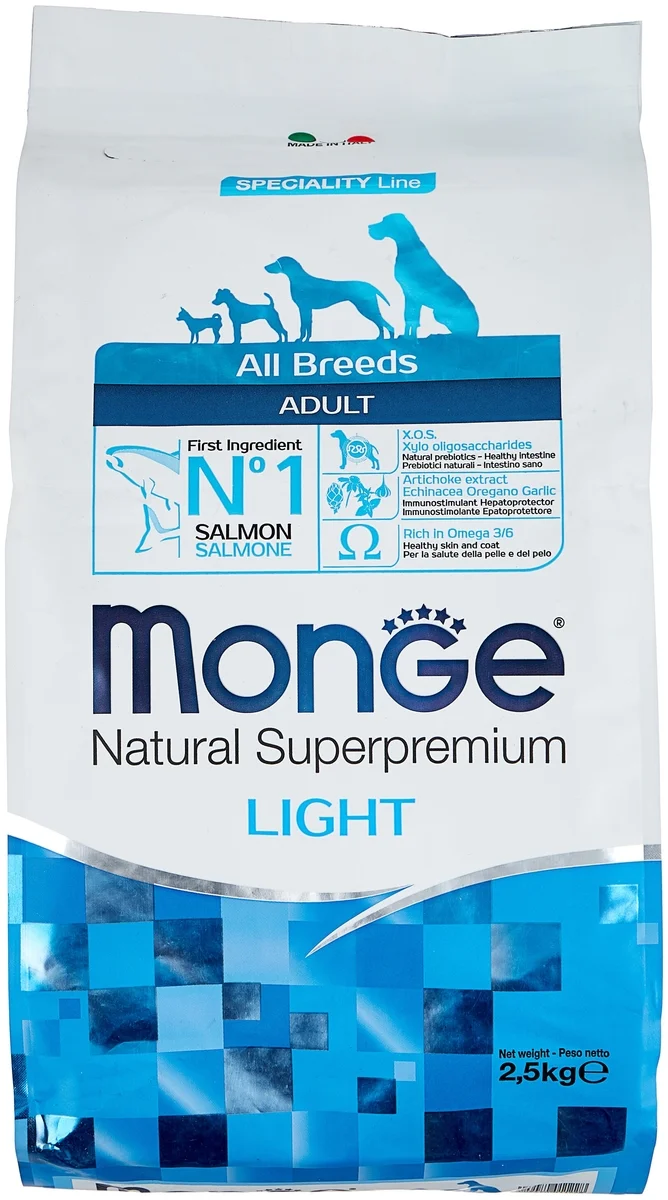 Корм MONGE DOG ALL BR. LIGHT SALMONRICEСУХОЙ КОРМ ДЛЯ ОБЛЕГЧЕННЫЙ ЛОСОСЬРИС 2,5 кг