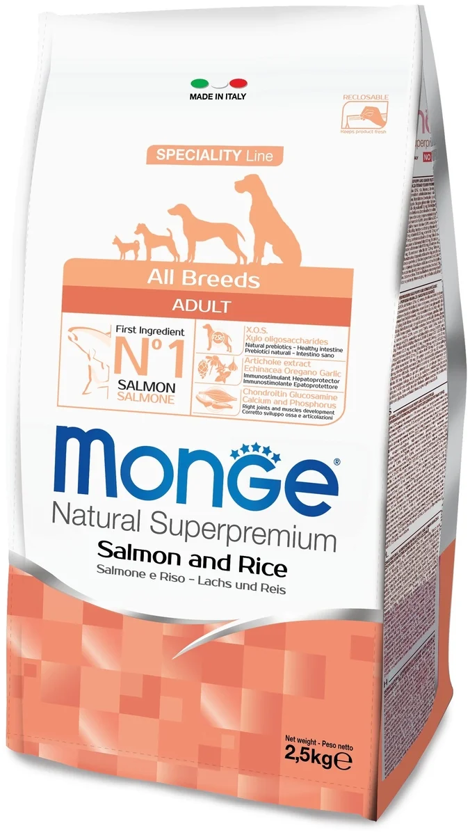 Корм MONGE MINI ADULT SALMONRICE СУХОЙ КОРМ ДЛЯ ВЗРОСЛЫХ СОБАК МЕЛКИХ ПОРОД ЛОСОСЬРИС 2,5 кг