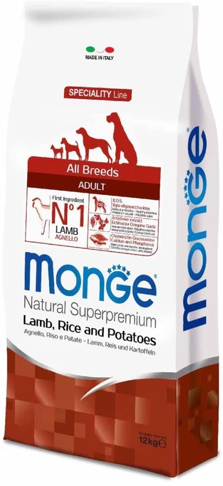 Корм MONGE DOG ADULT для взрослых собак с бараниной, рисом и картофелем 12 кг