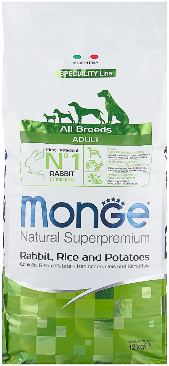 Корм MONGE DOG ALL BR.ADULT RABB&RICE&POTСУХОЙ КОРМ ДЛЯ ВЗРОСЛЫХ СОБАК КРОЛИК С РИСОМ И КАР.12 кг
