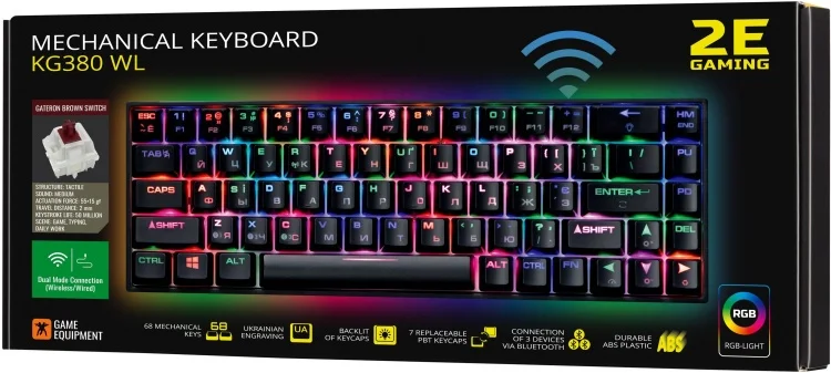 Клавиатура 2E GAMING KG380 RGB 68key Gateron Brown Switch BT/USB Black Ukr (2E-KG380UBK-BR) Казахстан