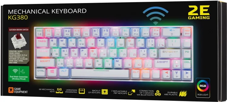 Клавиатура 2E GAMING KG380 RGB 68key Gateron Brown Switch BT/USB White Ukr (2E-KG380UWT-BR) Казахстан