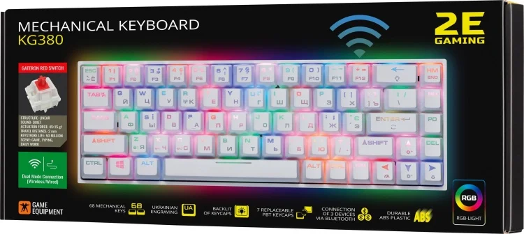Клавиатура 2E GAMING KG380 RGB 68key Gateron Red Switch BT/USB White Ukr (2E-KG380UWT-RD) Казахстан