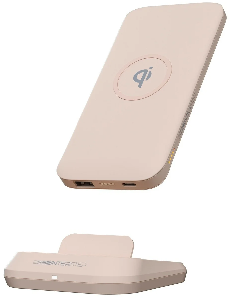 Фото Power Bank INTERSTEP 10000мАч Qi 10Вт TypeC PD док станция Pink (IS-AK-PB10DQIPD-ROSB201)